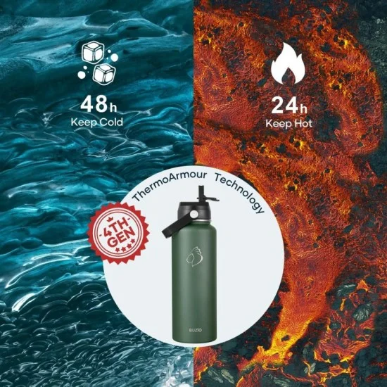 Buzio Duet Series Water Bottle with 2 Lids and Sleeve 1.2L - Dark Green